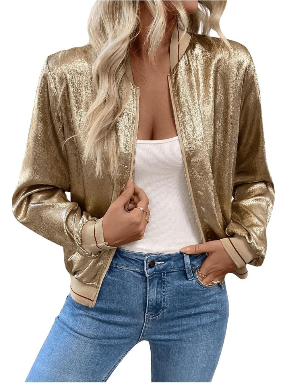 Women's Gold Metallic Zipper Bomber Disco Party Jackets Outwear Long Sleeve